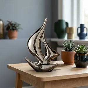 Statue de bateau à voile en argent, objet nautique de collection avec base en bois, décoration pour la maison, salon, bureau, cadeau - Product Image 2