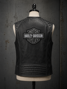 Gilet moto H-D pour homme en cuir véritable, coupe-vent, imperméable, respirant, avec logo brodé au dos, noir uni, col en V - Product Image 2