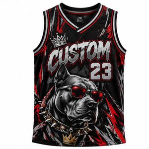 Débardeur de basket-ball noir pour homme, style hip-hop, séchage rapide, respirant, col rond, imprimé par transfert thermique, motif chien Pit Bull, en polyester - Product Image 1