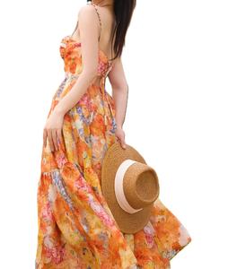 Luxury Chiffon Floral Print Tiered Maxi <b>Dress</b> with <b>Spaghetti</b> <b>Strap</b> Halter Neck. Sweet Summer Resort Wear & ODM Supply - Product Image 3