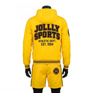 Conjunto de Chaqueta Cortavientos con Capucha y Pantalones Cortos para Hombre, Premium, 120 GSM, Poliéster Taslon, Color Amarillo, con Logotipo Personalizado - Product Image 6