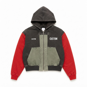 OEM Heavyweight Acid Wash Men Hoodies Custom Print Rhinestone Studded <b>Red</b> Sleeve Color Block Full Zip Up Hoodie Streetwear - Product Image 3