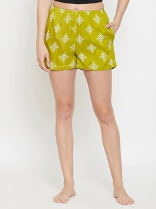 Women's Green Geometric Print Knitted Cotton Shorts <b>Elastic</b> Waist Casual Regular Fit Breathable Mid Rise - Product Image 1