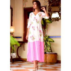 Vestido Rosa con Estampado Floral, Corte en A, Transpirable, para Uso Diario, Verano, Estilo Casual, 100% Algodón - Product Image 3