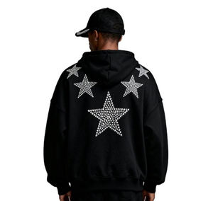 ES Clothes Custom Oversized Zip-up Cotton French Terry <b>Men</b> Sweatshirts <b>Black</b> Drop Shoulder Vintage Rhinestone Y2K Windproof - Product Image 2