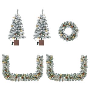 Set Natalizio Pre-Illuminato in 4 Pezzi con Luci LED Bianco Caldo, Ghirlanda e Corona Natalizia, Set di 2 Alberi per Decorazione Ingresso e Feste - Product Image 1