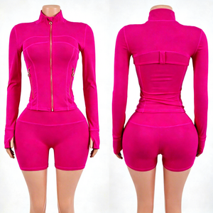 2026 Custom <b>Women's</b> Summer Sports Suit Set <b>Tight</b> Long-Sleeve Zipper Jacket Leopard Print Shorts Set Fitness Exercise Outfit - Product Image 2