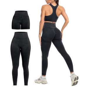 Ensemble de yoga sans couture noir pour femme, legging taille haute et brassière de sport dos nageur, 2 pièces, extensible dans les quatre sens - Product Image 1