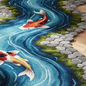 Designer Koi Fish River <b>Runner</b> Wool <b>Rug</b> Long Artistic Hallway Tufted Carpet Flowing Water Pattern Decorative Luxury Floor Mat - Product Image 3