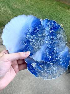 Handmade Blue, White & <b>Silver</b> Resin <b>Coaster</b> Set - Product Image 6