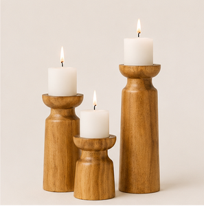 Handcrafted Natural Solid Wood Pillar Candle Holder Set Of 3 Rustic Farmhouse Style Decorative Candlestick <b>Stands</b> For Wedding - Product Image 3