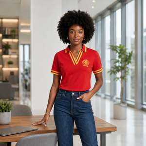 Polo de sororité NSPDK pour femme, rayures rouges et dorées, col en V, piqué, avec écusson brodé, tenue grecque, vente en gros - Product Image 3