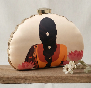 Elegant Flower Lady Printed Clutch Satin Fabric Exterior Raw Silk Interior with Chain Strap and <b>Clasp</b> Closure - Product Image 3