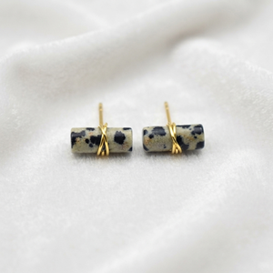 Ratnarachit Women's Dalmatian Jasper <b>Earrings</b> 12x5mm Rounded Rectangle Wire Wrapped <b>Studs</b> Gold Silver Rose Gold Minimalist Gift - Product Image 3