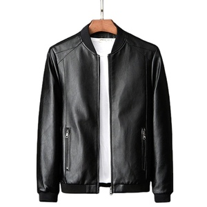 Men's Tan PU Bomber <b>Jacket</b> Stand Collar Zipper Closure Casual Autumn Style Regular Fit Solid Color Leather <b>Jacket</b> - Product Image 2