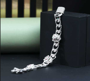 Luxury 925 Silver Rhodium Plated Chain Bracelet With Crystal Flower Design Unisex Everyday Wear - Product Image 1