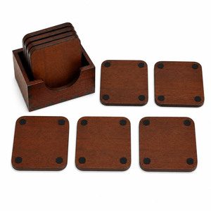 Square <b>Wooden</b> Coaster <b>Set</b> of 6 | Brown Wood Drink Coasters | <b>Tea</b> Cup, Coffee Mug & Glass Coasters | Dining Table - Product Image 3