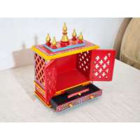 Temple en bois blanc doré avec portes en Jali, décoration d'intérieur, temple artisanal en bois rouge avec 2 tiroirs de rangement - 15*8*18 pouces