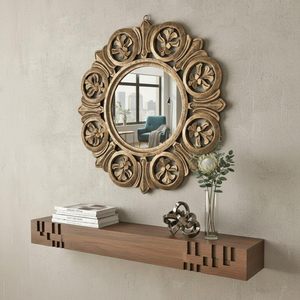 Espejo de Pared Redondo Moderno de Madera, Tallado Floral Hecho a Mano, Acabado Dorado y Negro, Decorativo para Bodas, Hogar y Oficina - Product Image 1