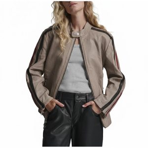 Veste de course pour femme Leathertex, en cuir d'agneau beige de qualité supérieure, manches longues, avec rayures bordeaux et noires, taille XS - Product Image 3