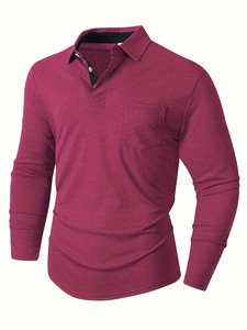 Polo à manches longues pour homme, couleur unie, en coton tricoté, décontracté, anti-plis, avec boutons, coupe classique, avec poche - Product Image 2