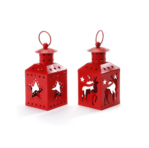 Farol de metal rojo para velas de Navidad con borde festoneado, soporte para velas de té con anillo para colgar, decoración de centro de mesa con marco abierto - Product Image 6