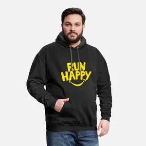 Sudadera con Capucha Negra para Hombre, Corte Regular, Algodón, con Bolsillo, Diseño con Estampado Frontal 'Run Happy', Ropa Casual de Primavera - Product Image 1