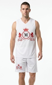 Men's White Sleeveless Basketball Uniform With Red Crown M Logo Print Breathable <b>Polyester</b> Athletic Wear V-Neck - Product Image 3