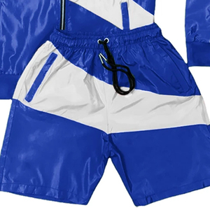 Ensemble de survêtement imprimé grande taille à blocs de couleur bleu et blanc, avec sweat à capuche zippé à manches longues et short sportif, en polyester mi-lourd, pour l'automne - Product Image 5