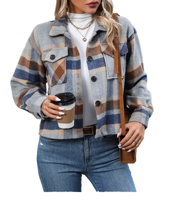 Autumn and Winter New Fashionable Casual Pocket Women Cropped Coat Button <b>Flannel</b> Wholesale Winter Outdoor Women's <b>Jacket</b> - Product Image 1