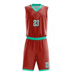 Ensemble de maillots de basket-ball sans manches unisexe Rouge avec bordure verte Impression sublimée Évacuation de l'humidité 100% polyester Coupe athlétique - Product Image 1
