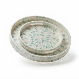 Ensemble de plateaux de service décoratifs classiques ronds en os incrusté, motif marocain bleu fait main, plateau de table basse pour la décoration intérieure - Product Image 2