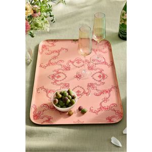 Bandeja de Servicio Metálica de Lujo con Estampado Floral Vintage, Bandeja Decorativa Rectangular de Esmalte Rosa para Mesa de Centro, Otomana, para Hogar y Hotel - Product Image 1