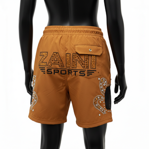 Short de bain femme en polyester et élasthanne 180 GSM de qualité supérieure, couleur moutarde, orange, noir, avec empiècements en mesh et logo thermocollé en strass. - Product Image 2