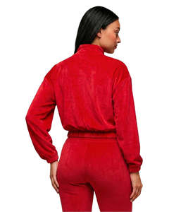 Survêtement en velours rouge grande taille pour femme avec logo personnalisé, haut zippé et pantalon évasé, style baskets, fabricant en gros - Product Image 6