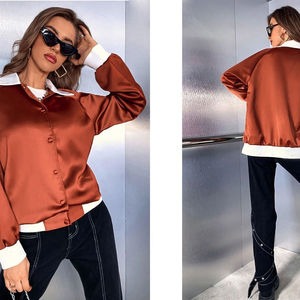 Brown Silk Varsity <b>Jacket</b> With <b>White</b> Collar And Cuffs Casual Short Loose Fit Autumn Wear - Product Image 2