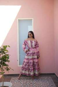 Bohemian Full Sleeve Off shoulder Floral Floor-Length Natural Waist Eco-Friendly Cotton Summer Holiday Dress for Women - Product Image 4