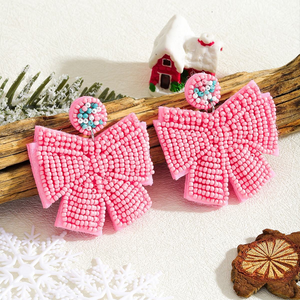 Pendientes de lazo rosa sin cuentas, ligeros, estilo bohemio, hechos a mano, bonitos y elegantes, para mujer, regalo de Navidad para fiestas. - Product Image 4