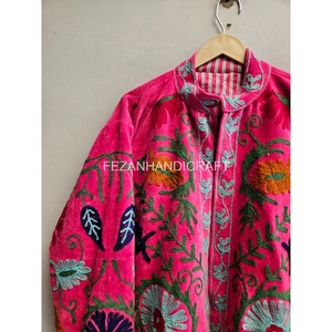 Fezanhandicraft Knitted Velvet Blouson Jacket Mandarin Collar Hand Embroidery Floral Pattern Autumn Winter <b>Women's</b> <b>Coat</b> Full - Product Image 4