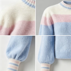 Pulls à capuche en tricot color block pour femmes, style pull ras du cou pastel, aspect mohair duveteux, vente en gros, fabricant américain, fournisseur de vêtements - Product Image 3