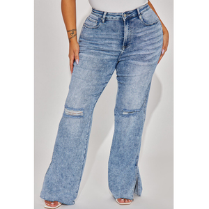 High Waist Plus Size Straight Leg <b>Jeans</b> Distressed Ripped Denim Full Length Casual Style <b>Button</b> <b>Fly</b> Soft Cotton Stretch - Product Image 2