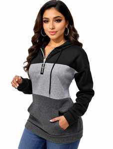 Sudadera con capucha y media cremallera, con bloques de color, de forro polar, casual, de corte regular, para otoño, talla grande para mujer, en negro, gris y azul. - Product Image 2