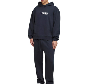 Men's Hooded Sweatshirt <b>Set</b> Black Cotton French Terry Casual Autumn Wear Logo Print Front - Product Image 1
