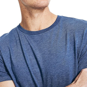 T-shirt en coton premium bleu marine chiné, coupe décontractée, col rond, manches courtes, vente en gros - Product Image 3