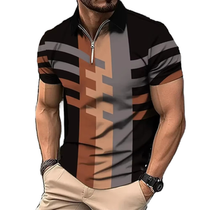 เสื้อโปโลผู้ชายลายทางคุณภาพสูงสำหรับฤดูร้อน ซิปหน้า พิมพ์ลายลำลอง ใส่ได้ทุกวัน เสื้อกอล์ฟแขนสั้น เสื้อยืดผู้ชาย - Product Image 1