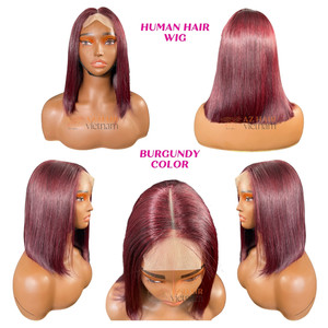 Lujo 100% Real Virgen Pelucas de cabello humano Color Borgoña Doble dibujado, Super Doble dibujado Hueso Cabello liso Bob Pelucas Cabello Remy - Product Image 2