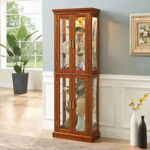 <b>Walnut</b> 6-Tier Lighted Curio Display Cabinet with Tempered Glass Doors & Adjustable Shelves <b>Mirrored</b> Back Panel - Product Image 3