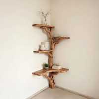 Estante de pared flotante de varias niveles con diseño de fase lunar creciente, rejilla de madera, expositor de cristales, caja de sombra celestial y soporte para almacenamiento de piedras