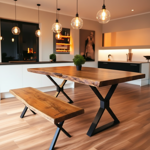 Live Edge Solid <b>Wood</b> <b>Dining</b> <b>Table</b> Set Natural Slab <b>Table</b> with Bench <b>Rustic</b> Hardwood <b>Dining</b> Room Furniture Natural <b>Wood</b> Finish - Product Image 1