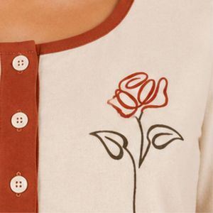 White And Rust Women Two Piece Shorts Set Round Neck Button <b>Top</b> Rose Embroidery Casual Summer Cotton Lounge Wear Outfit OEM - Product Image 5